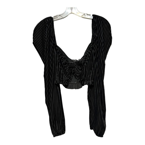 Pretty Little Thing Black Velvet Ribbed Cropped Top Long Puff Sleeve Square Neck - Picture 4 of 6